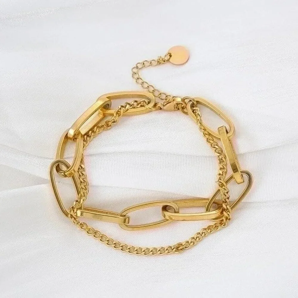 Water-Resistant 18K Gold Plated Layered Bracelet Women Stainless Steel